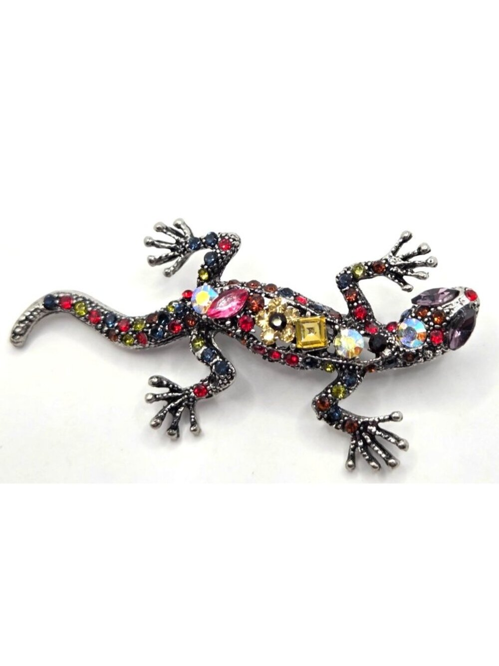 Colorful Rhinestone Lizard Brooch  Silver-Tone  Multicolor Crystals